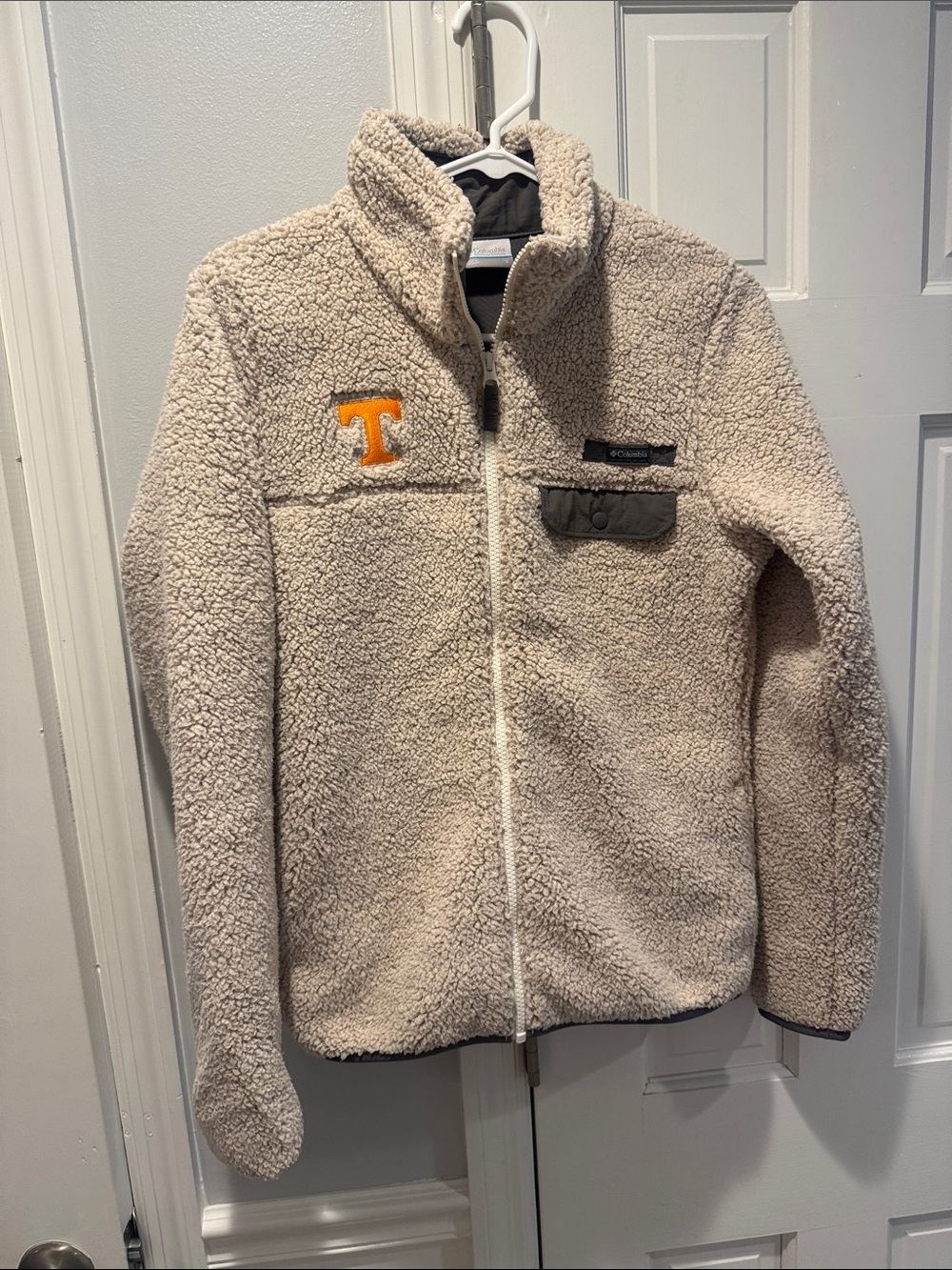 Columbia Cream Sherpa Jacket with Orange 'T' Patch